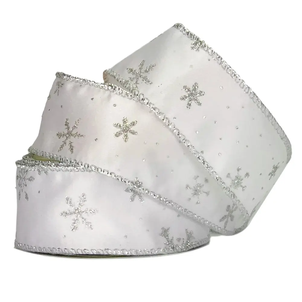 Satin Snowflake Wired Edge<br>White 38mm x 9.1mtr