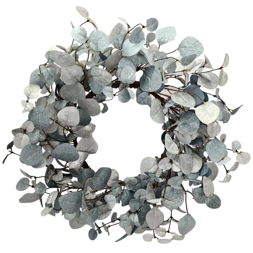 Artificial Eucalyptus Leaf Wreath<br>Metallic Silver 55cm